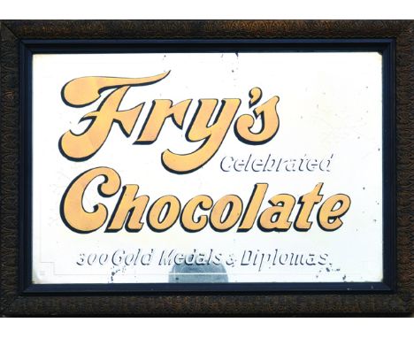 FRYS CHOCOLATE MIRROR. 20.5 x 14.5ins, framed mirror for FRYS/ CELEBRATED/ CHOCOLATE.... in gold lettering & period decoratio