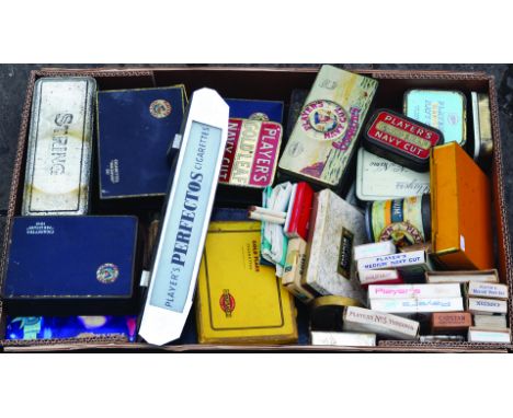 MIXED TRAY. A variety of smoking related items, tins, cigarette packets & cards etc. Plus Players light fitting. A really hig