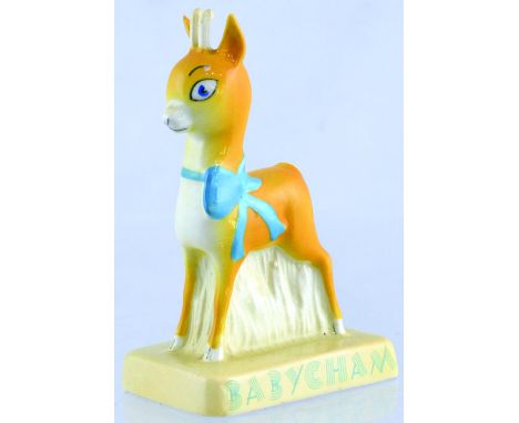 BABYCHAM FIGURE ON PLINTH. 3.5ins tall, rare handpainted figure of classic Babycham deer. BABYCHAM in blue lettering on off w