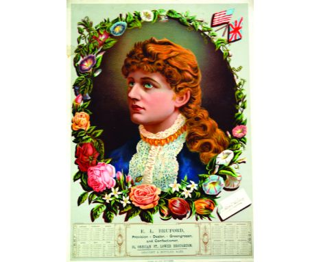 LOWER BROUGHTON CALENDAR. 23.25 x 17ins, multicoloured calendar for 1887, portrait image of Mary Anderson. E.L BRUFORD...../ 