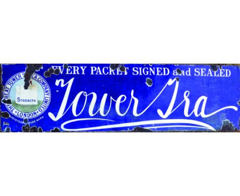 TOWER TEA ENAMEL SIGN. 72 x 20ins, advertising EVERY PACKET SIGNED and SEALED/ TOWER/ TEA in white lettering on blue backgrou