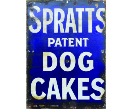 SPRATTS ENAMEL SIGN. 40 x 28.75ins, large enamel sign for SPRATT/ PATENT/ DOG/ CAKES in white lettering on blue background. S