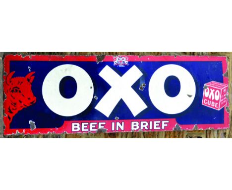 OXO ENAMEL SIGN. 6ft x 2ft, large advertising enamel for OXO/ BEEF IN BRIEF in white lettering on blue & red background. Pict