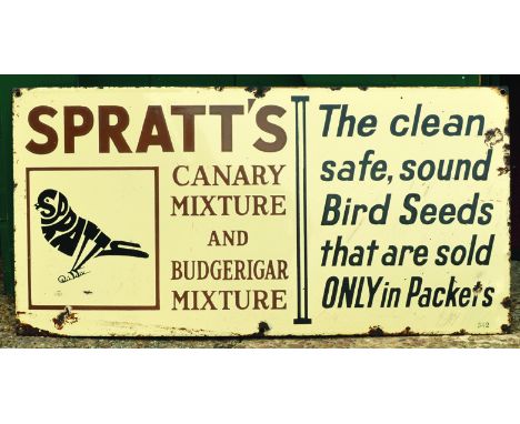 SPRATTS ENAMEL SIGN. Cream coloured enamel for SPRATTS/ CANARY/ MIXTURE/ AND/ BUDGERIGAR/ MIXTURE.....bird image to side. Som