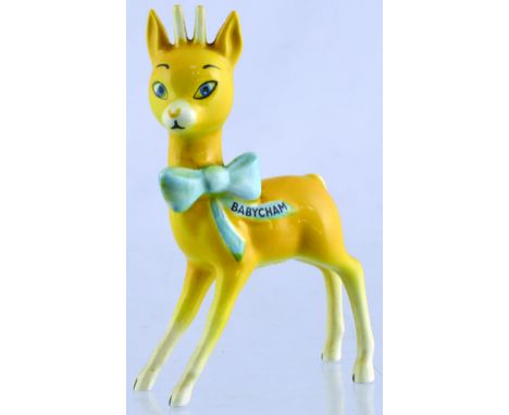 BABYCHAM FIGURE. 4ins tall, handpainted figure of Babycham deer, predominately yellow with pale blue bow around neck with BAB