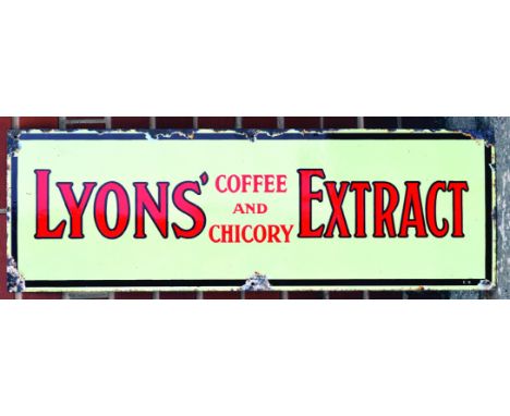 LYONS EXTRACT ENAMEL SIGN. 36 x 12ins, rectangular enamel for LYONS/ COFFEE/ AND/ CHICORY/ EXTRACT in red lettering on cream 