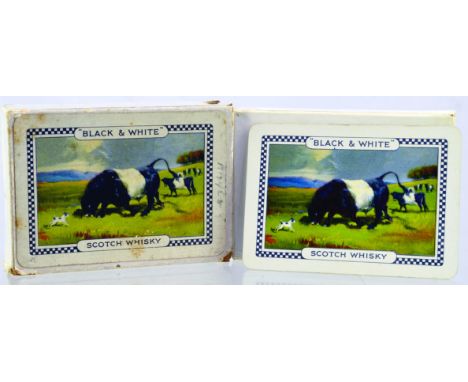 BLACK & WHITE SCOTCH WHISKY PLAYING CARDS. Pack of cards in white box with bull & cows in field & black & white dog one side,