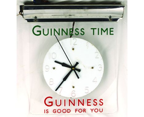 GUINNESS HANGING CLOCK. 16 x 14ins, perspex clock with hanging chain. GUINNESS TIME/ GUINNESS/ IS GOOD FOR YOU in green & red