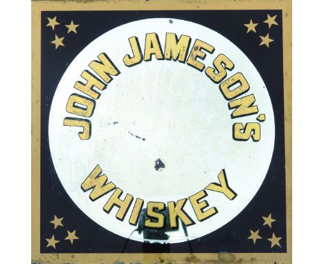 JOHN JAMESON WHISKY MIRROR. 17.5ins square, frameless mirror for JOHN JAMESONS/ WHISKEY within circular area in gold letterin