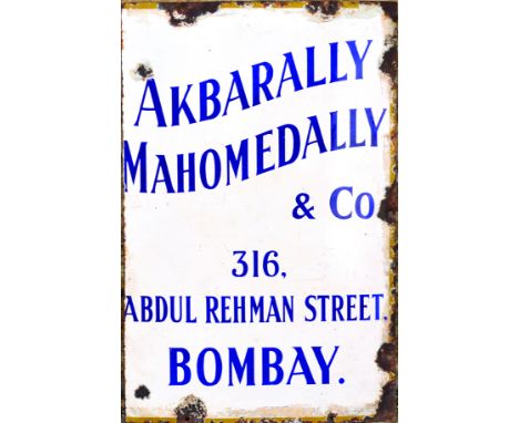 BOMBAY ENAMEL SIGN. 36 x 23.5ins, large enamel sign for AKBARALLY/ MAHOMEDALLY/ & CO/ 316/ ABDUL REHMAN STRET/ BOMBAY in blue