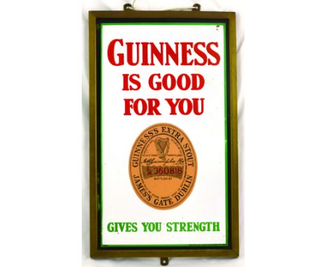 GUINNESS METAL FRAMED ENAMEL SIGN. 20.25 x 12ins. GUINNESS/ IS GOOD/ FOR YOU in red lettering at the top. Central large detai