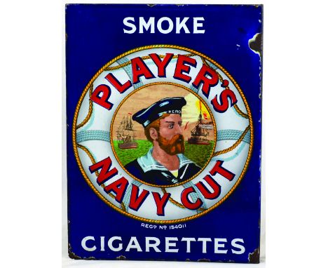 PLAYERS DOUBLE SIDED ENAMEL SIGN. 20 x 15ins, multicoloured enamel sign for SMOKE/ PLAYERS/ NAVY CUT/ REGD NO 154011/ CIGARET