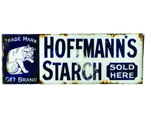HOFFMANS STARCH ENAMEL SIGN.  14 x 5ins, double sided enamel for HOFFMANS STARCH SOLD/ HERE in blue on white, with trade mark