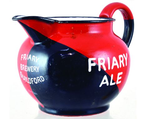 FRIARY ALE & STOUT ENAMEL JUG. 4ins tall, handled enamel jug in black & red for FRIARY/ ALE one side FRIARY/ STOUTin white ot