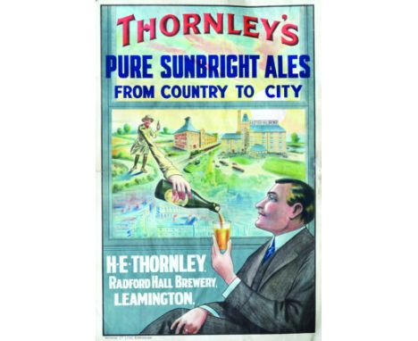 LEAMINGTON BREWERY POSTER. 5ft x 40ins, original multicoloured poster for THORNLEYS/ PURE SUNBRIGHT ALES/ FROM COUNTRY TO CIT