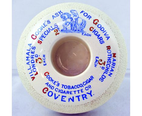 COVENTRY MATCHSTRIKER. 4.25ins diam, donut shaped striker & holder for COOKS TOBACCO, CIGAR/ AND CIGARETTE CO/ COVENTRY in bl