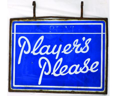 PLAYERS PLEASE ENAMEL HANGING SIGN. 24.5 x 18.25ins, double sided, hanging sign for PLAYERS/ PLEASE in white lettering on blu