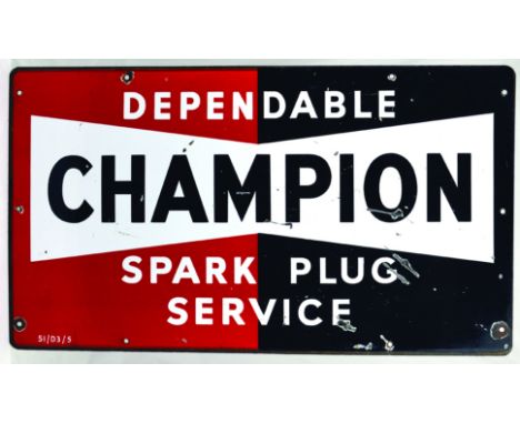 CHAMPION SPARK PLUG ENAMEL SIGN. 23 x 13ins, rectangular shaped enamel for DEPENDABLE/ CHAMPION/ SPARK PLUG/ SERVICE in white