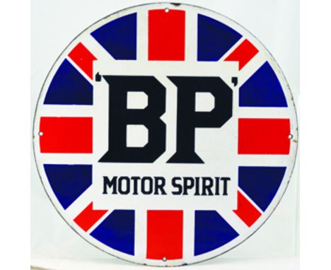 BP ENAMEL SIGN. 14.5ins diam, circular shaped enamel sign for BP/ MOTOR SPIRIT in black lettering on white. Red, white &amp; 