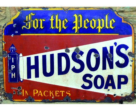 HUDSONS SOAP ENAMEL SIGN. 27 x 20ins, shapely enamel sign for FOR THE PEOPLE/ /HUDSONS/ SOAP/ IN PACKETS. Edge loss/ wear & r