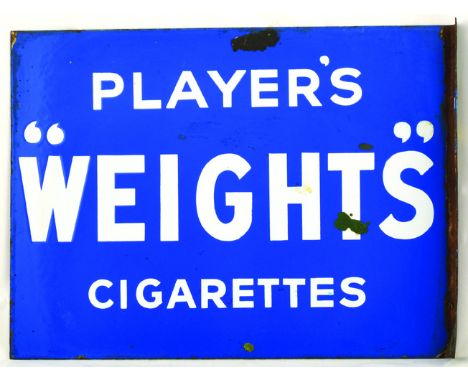PLAYERS WEIGHTS ENAMEL SIGN. 16 x 112ins, double sided, hanging sign for PLAYERS/ WEIGHTS/ CIGARETTES in white lettering on b