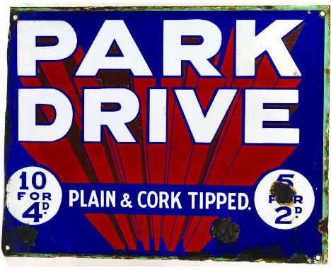 PARK DRIVE ENAMEL SIGN. 15.5 x 12ins, double sided enamel for PARK/ DRIVE...white lettering on blue & white background. Some 