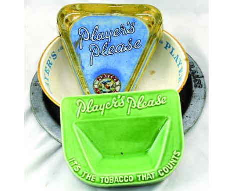 PLAYERS GROUPING. 3 ashtrays, 2 ceramic (1 Bourne Denby, green, raised letters), 1 glass (blue background with the famous sai