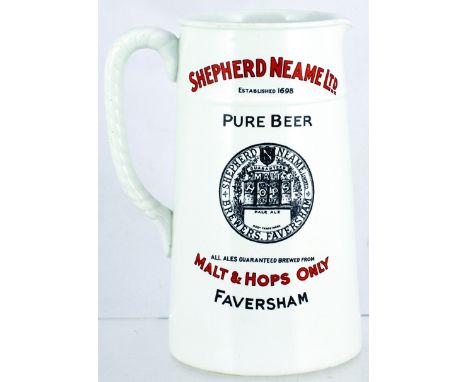 FAVERSHAM BEER JUG. 7.75ins tall, off white glaze SHEPHERD NEAME LTD/ ESTABLISHED 1698/ PURE BEER.../ MALT & HOPS ONLY/ FAVER