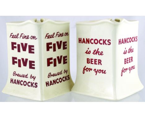 PAIR OF HANCOCKS JUGS. 5.5ins tall, square, off white glaze, red lettering. 2 variants for HANCOCKS brewery. Wade p.m. base m