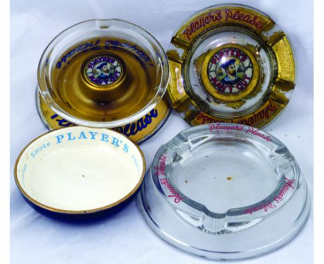 PLAYERS ASHTRAY GROUP. 3 glass (2 rather nice variants with gold embellishments & the classic coloured sailor pictorial) plus
