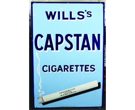 WILLS S CAPSTAN ENAMEL SIGN. Enamel sign for WILLS S/ CAPSTAN/ CIGARETTES, in navy blue & white lettering on pale blue backgr