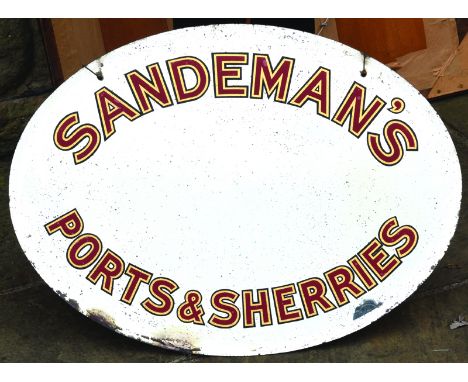 SANDEMANS OVAL MIRROR. 30 x 22ins, bevelled edged mirror for SANDEMANS/ PORTS & SHERRIES in red & gold lettering. Some genera
