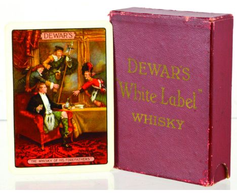 DEWARS WHISKY PLAYING CARDS. Pack of cards in dark red box with Dewars, classic image THE WHISKY OF HIS FOREFATHERS one side.