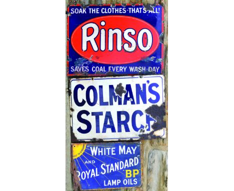 GROUP OF 3 ENAMEL SIGNS. Inc. RINSO, COLMANS STARCH & BP OILS. General wear. (3)