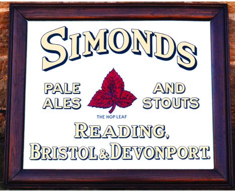 SIMONDS FRAMED MIRROR. 36 x 30ins, large pub mirror for SIMONDS/ PALE/ ALE/ AND/ STOUTS/ READING/ BRISTOL DAVENPORT in black 