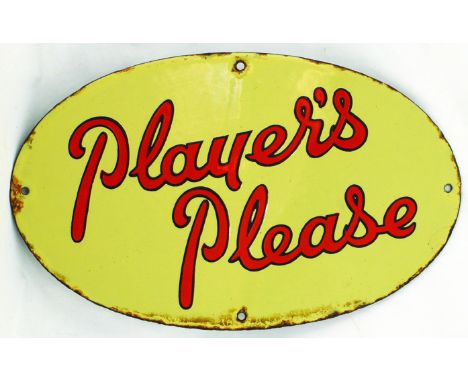 PLAYERS OVAL ENAMEL SIGN. 14ins across, cream background, red & black lettering PLAYERS/ PLEASE. Hanging holes around. Some m