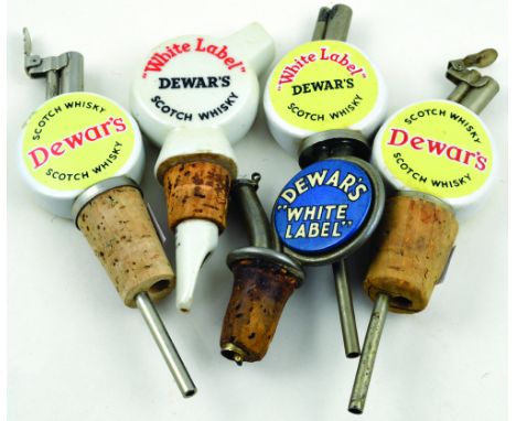 GROUP OF DEWARS PUB SHOT MEASURES. Four variations of Dewars Scotch Whisky measures, 4 ceramic, one printed tinplate. (5)
