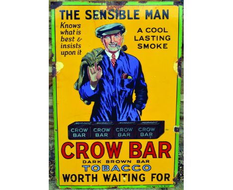CROW BAR TOBACCO ENAMEL SIGN. 36 x 24ins, pictorial image of flat capped gent in blue jacket smoking pipe, with coat flung ov