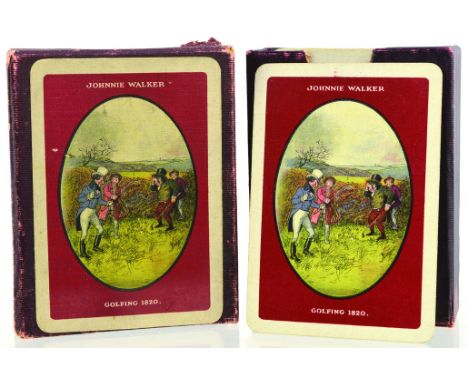 JOHNNIE WALKER PLAYING CARDS. Pack of cards in burgundy box with golfing image, 1820 one side, coat of arms & John Walker & S