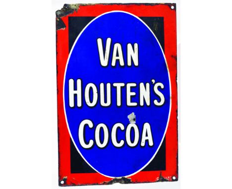 VAN HOUTENS COCOA ENAMEL SIGN. 15 x 10ins, small size enamel for VAN/ HOUTENS/ COCOA white lettering on blue oval central are