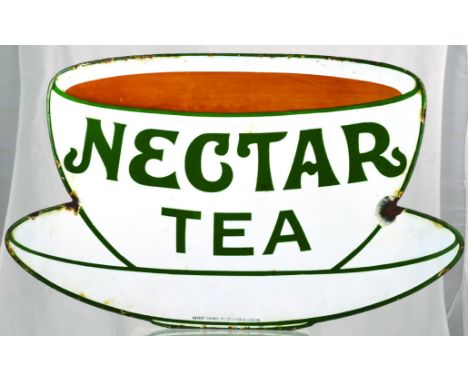NECTAR TEA ENAMEL SIGN. 21 x 12.5ins, in shape of cup &amp; saucer. NECTAR/ TEA green lettering on white. Minor edge rusting,