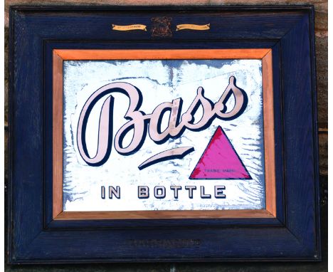 BASS MIRROR. 25 x 21ins, original framed mirror for BASS/ IN BOTTLE, in white, red triangle t.m. to side. By Appointment Brew