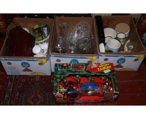 Three boxes of miscellaneous to include Royal Doulton teawares in the Amulet design, Jersey pottery, cabinet plates, leather 