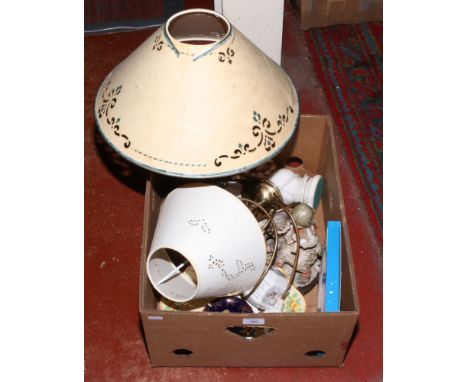 A box of miscellaneous to include Wedgwood, table lamps, Tutbury glass etc.