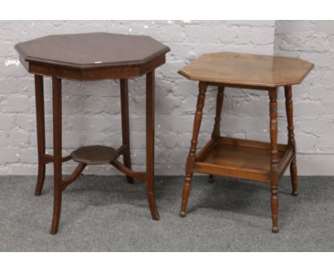 An Edwardian mahogany window table along with a similar turned leg example.