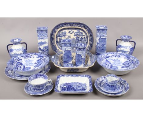 A quantity of blue and white pottery including Copeland Spode Italian design, Cauldron, willow pattern to include two 19th ce