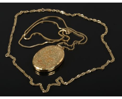 A 9ct gold locket (gross 16.66g) on 9ct gold chain (6.84g) along with another 9ct gold necklace (5g).