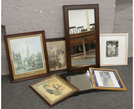 A collection of framed pictures, prints, mirrors to include WM Young &amp; Co. Scotch Ale framed poster, The Marketplace by R