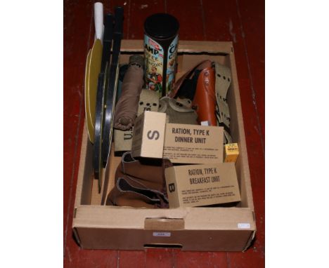 A group of World War II era reproduction US Army props including rough - out leather boots, Army / Navy walkie-talkie, colt 4