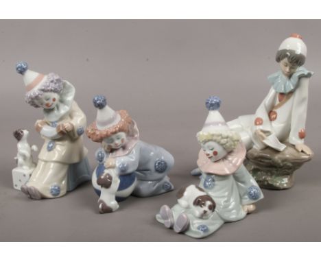 Three Lladro porcelain figures of clowns along with a similar Nao example (with piece lacking).